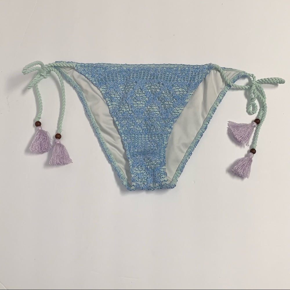 Victoria's Secret Size M Blue Crochet Lace Purple Tassels Bikini Swim Bottom